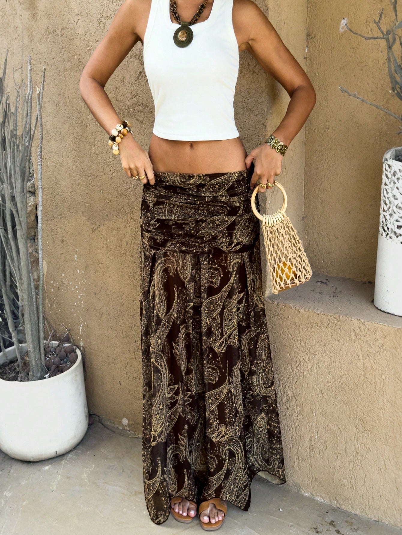 Vintage Cashew Flower Print Mesh Sheer Low Waist Draped Asymmetrical Hem Skirt Summer Brown, Boho Chic