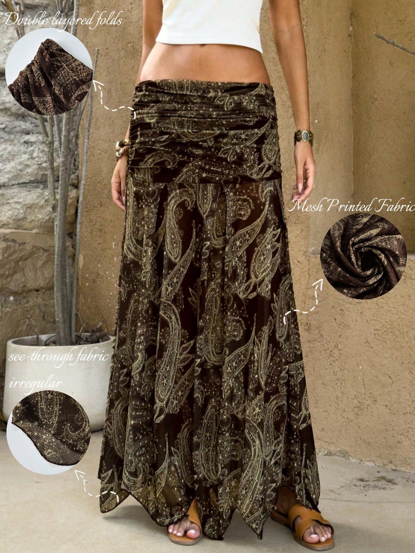 Vintage Cashew Flower Print Mesh Sheer Low Waist Draped Asymmetrical Hem Skirt Summer Brown, Boho Chic
