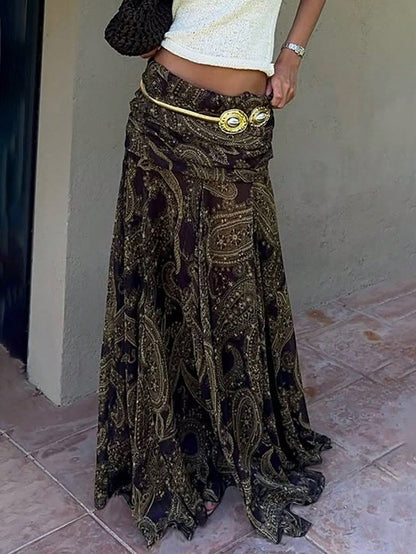 Vintage Cashew Flower Print Mesh Sheer Low Waist Draped Asymmetrical Hem Skirt Summer Brown, Boho Chic