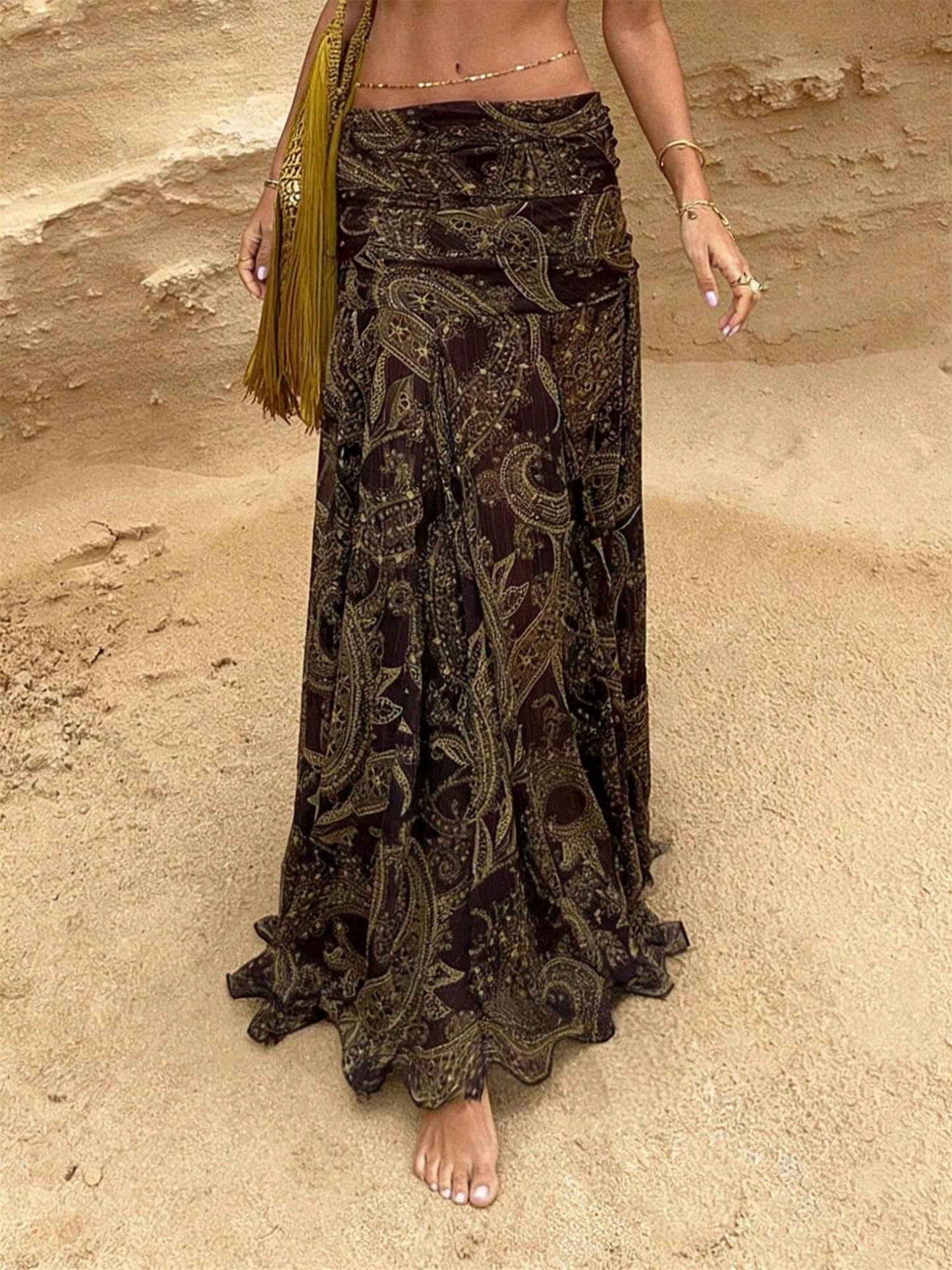 Vintage Cashew Flower Print Mesh Sheer Low Waist Draped Asymmetrical Hem Skirt Summer Brown, Boho Chic