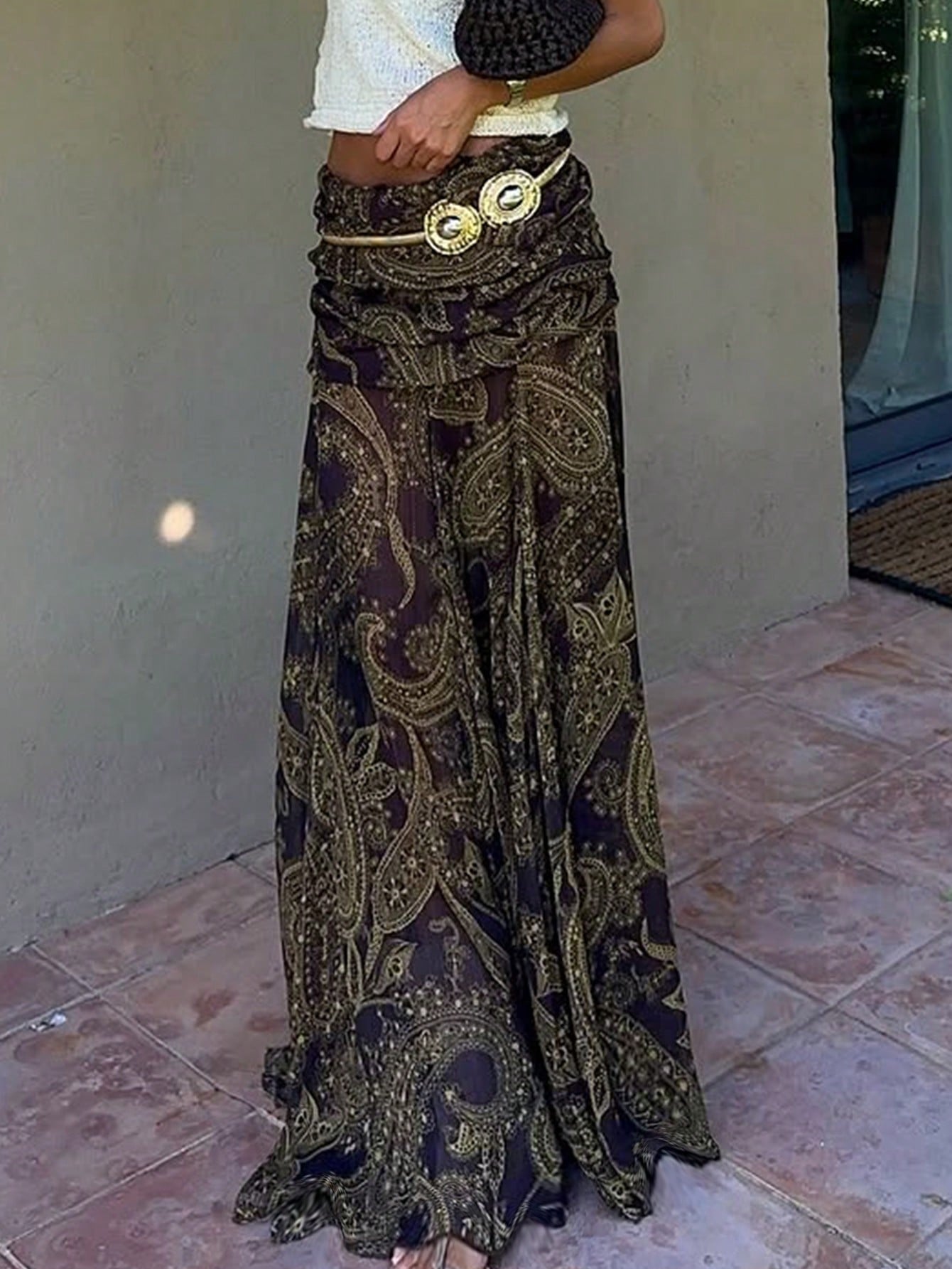 Vintage Cashew Flower Print Mesh Sheer Low Waist Draped Asymmetrical Hem Skirt Summer Brown, Boho Chic