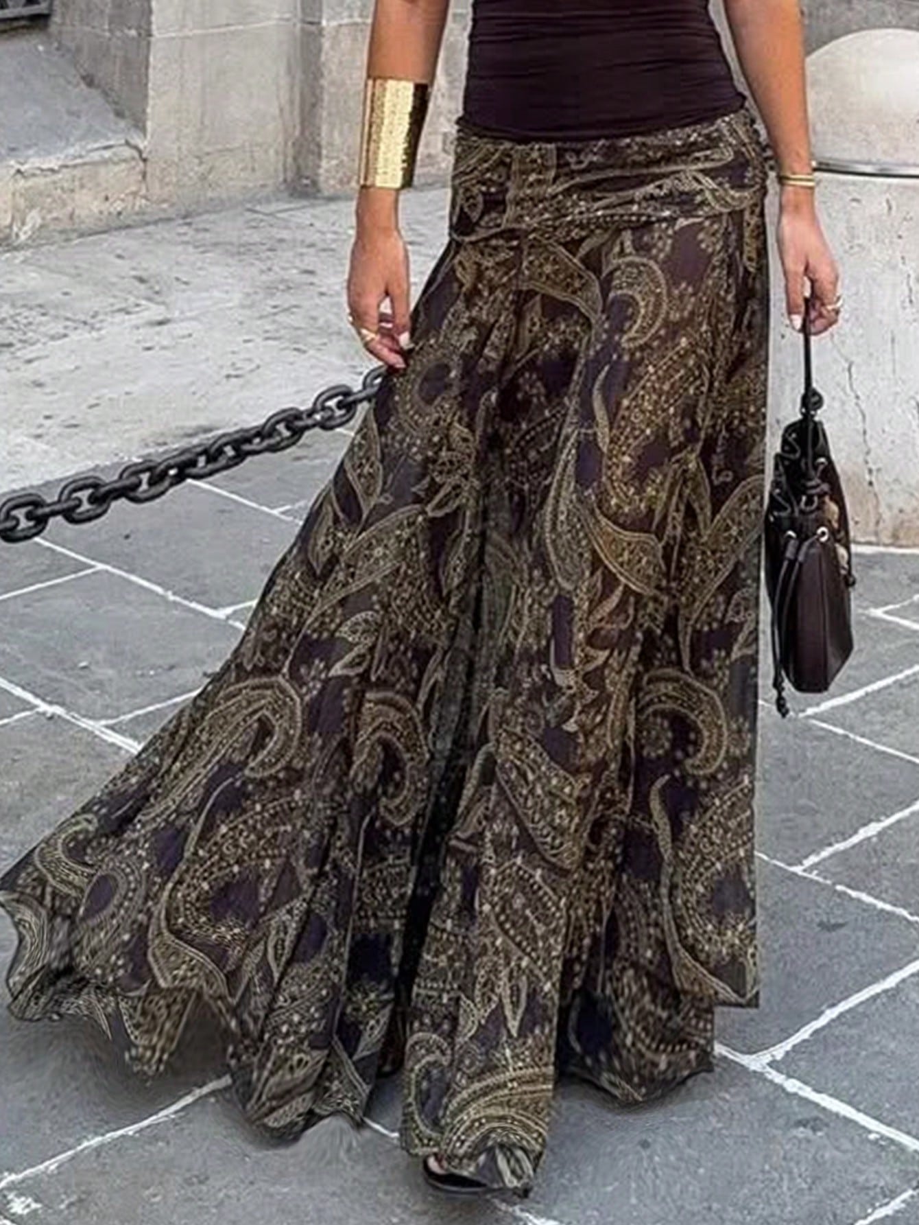 Vintage Cashew Flower Print Mesh Sheer Low Waist Draped Asymmetrical Hem Skirt Summer Brown, Boho Chic