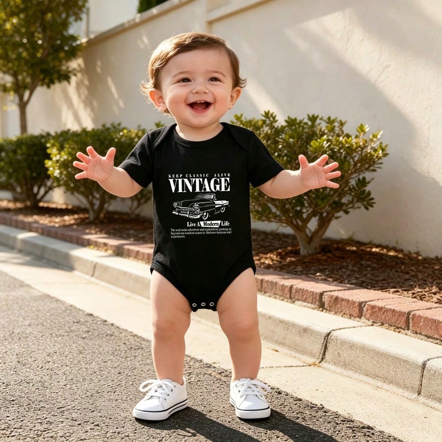 Vintage Cotton Baby Boy Graphic Print Short Sleeve Bodysuit