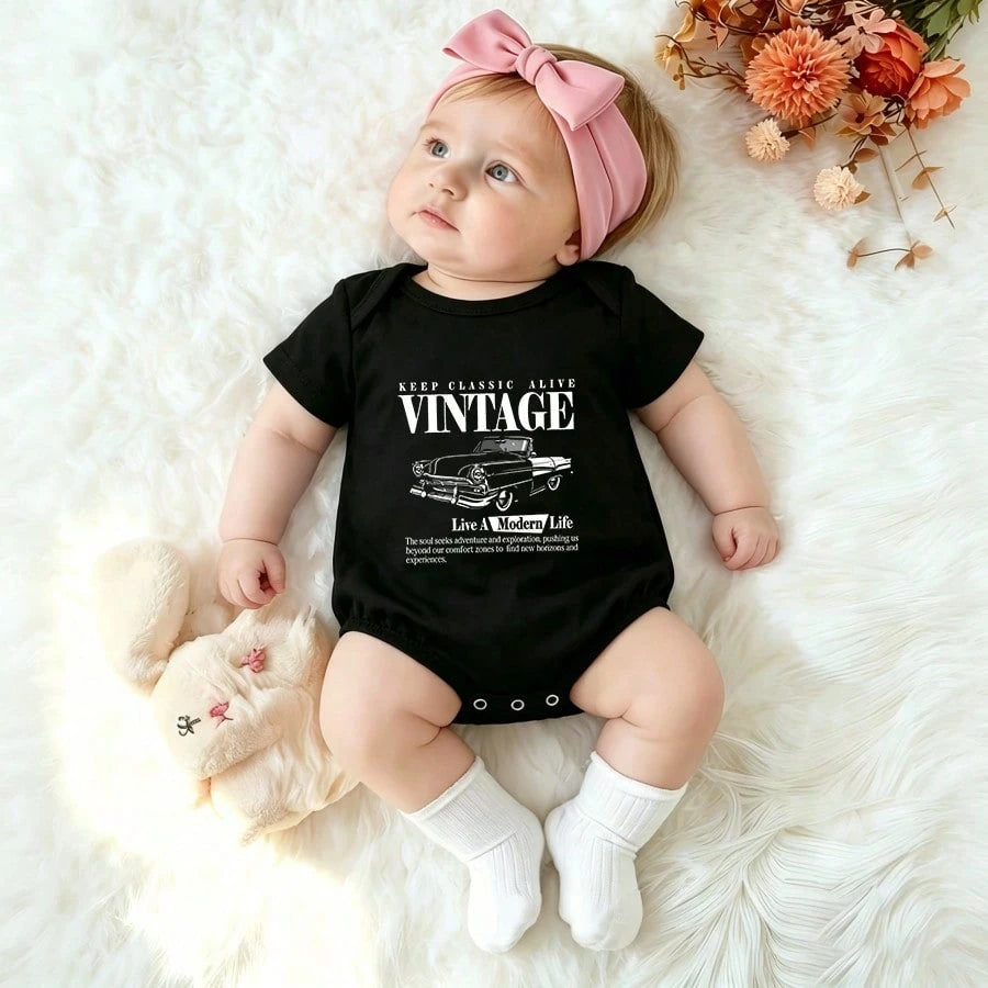 Vintage Cotton Baby Boy Graphic Print Short Sleeve Bodysuit