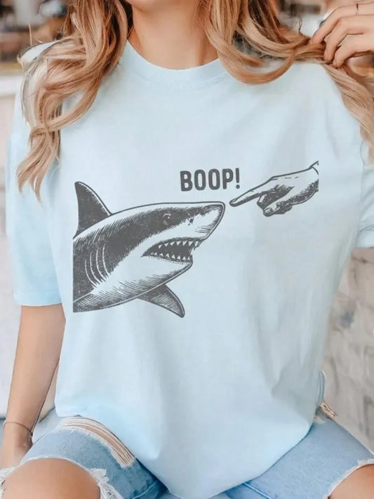 Vintage Distressed Sketch Shark Finger "BOOP!" Letter Print Oversized Light Blue Tee, Summer Short Sleeve, Ocean Animal Funny Casual Daily Basic Top