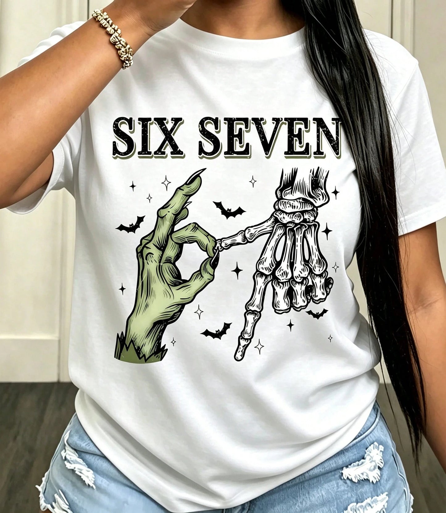 Vintage Green Witch Claw Skeleton Hand Bat Print T Shirt Women Grunge Goth Loose Fall Casual Top