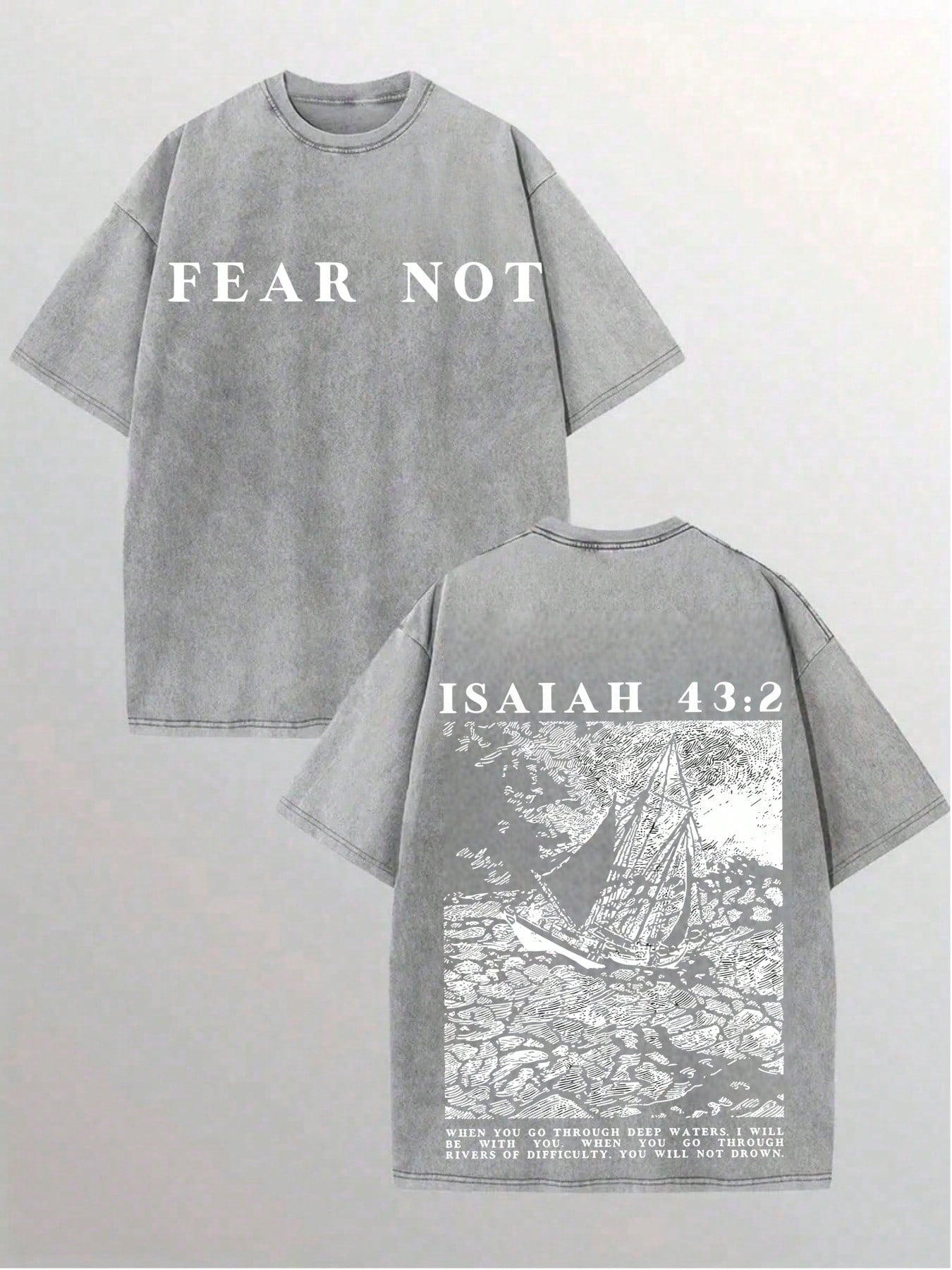 Vintage Washed T-Shirt Double Sided Printed (230g Pure Cotton T-Shirt), Fear Not' Unisex Washed Christian Shirt, Christian Scripture T-Shirt
