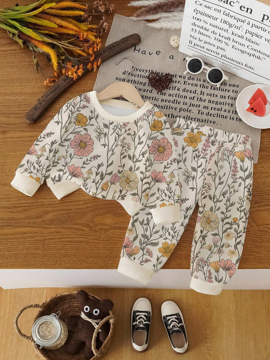 Vintaside Kids 1 Set Baby Girls Casual Comfortable Fashion Versatile Sweet Cute Floral Print Long Sleeve Crew Neck Sweatshirt And Sweatpants Set, Autumn/Winter Fall