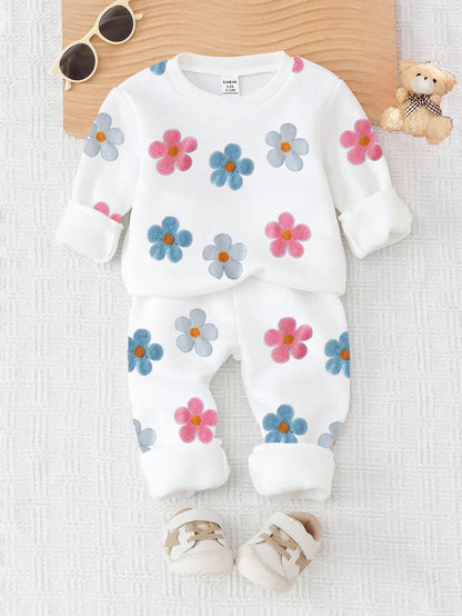 Vintaside Kids 1 Set Baby Girls Casual Comfortable Fashion Versatile Sweet Cute Floral Print Long Sleeve Crew Neck Sweatshirt And Sweatpants Set, Autumn/Winter Fall