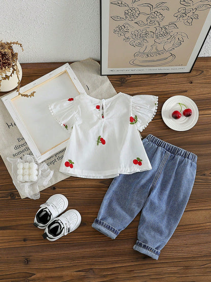 Vintaside Kids Baby Girl Berry Embroidery Flounce Sleeve Top & Jeans