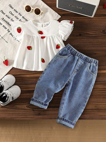 Vintaside Kids Baby Girl Berry Embroidery Flounce Sleeve Top & Jeans