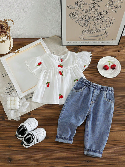 Vintaside Kids Baby Girl Berry Embroidery Flounce Sleeve Top & Jeans