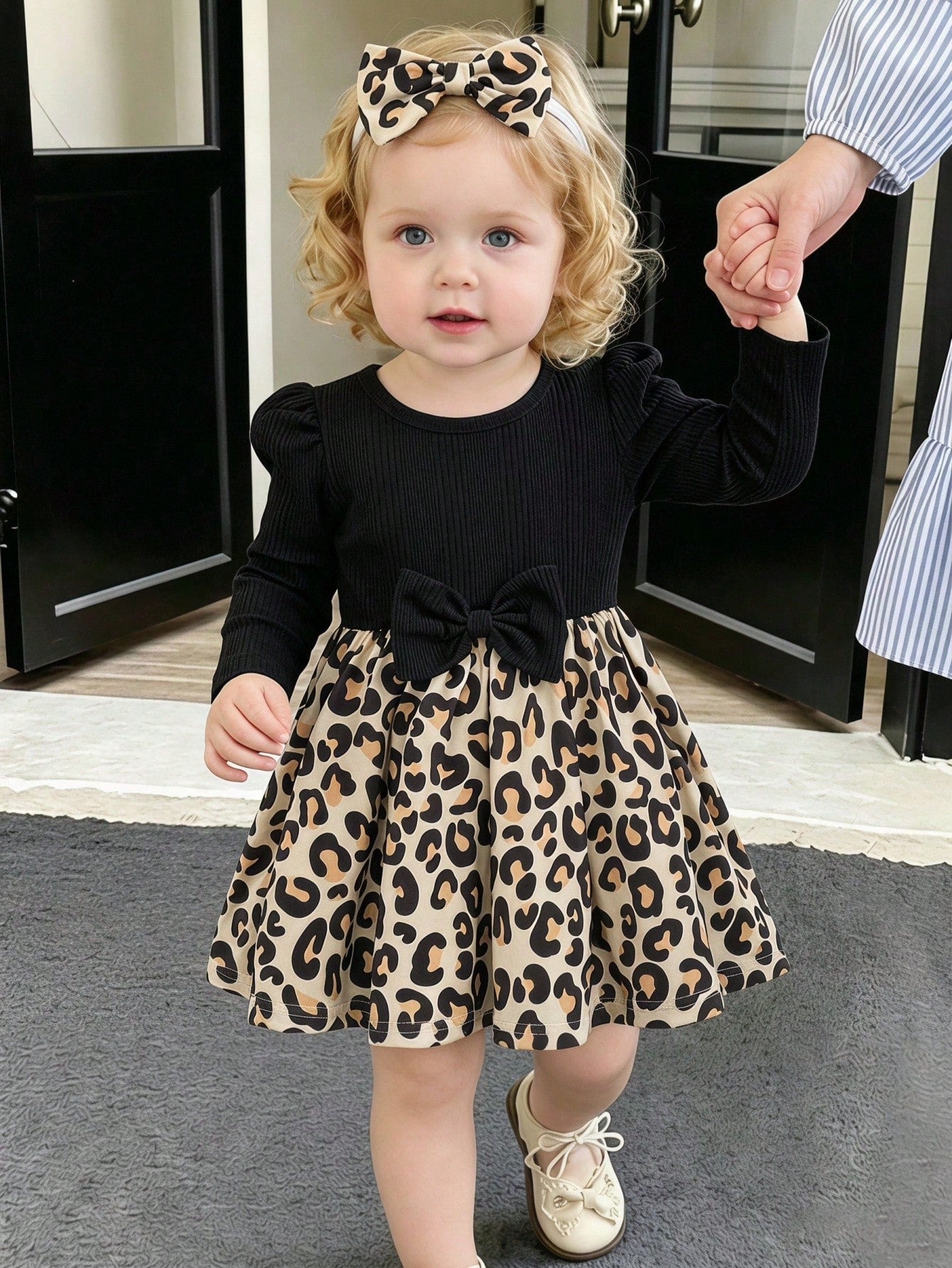 Vintaside Kids Baby Girl Casual Leopard Print Pattern Asymmetrical Fuzzy Long Sleeve Ribbed Dress, Autumn