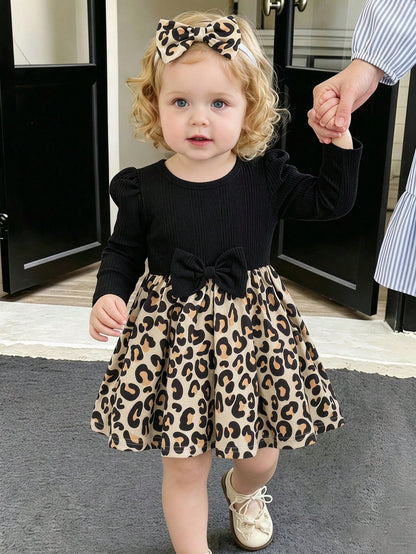 Vintaside Kids Baby Girl Casual Leopard Print Pattern Asymmetrical Fuzzy Long Sleeve Ribbed Dress, Autumn