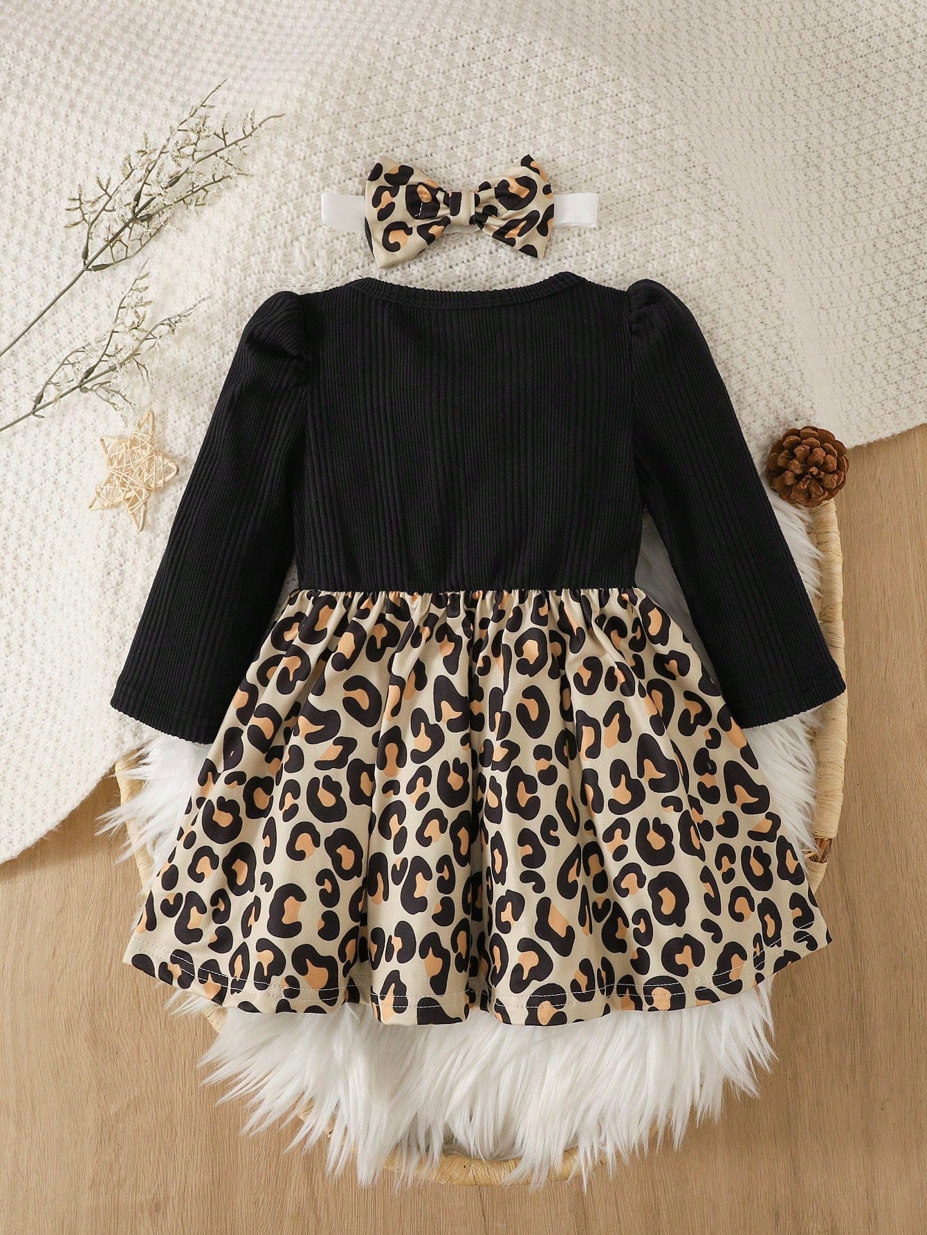 Vintaside Kids Baby Girl Casual Leopard Print Pattern Asymmetrical Fuzzy Long Sleeve Ribbed Dress, Autumn
