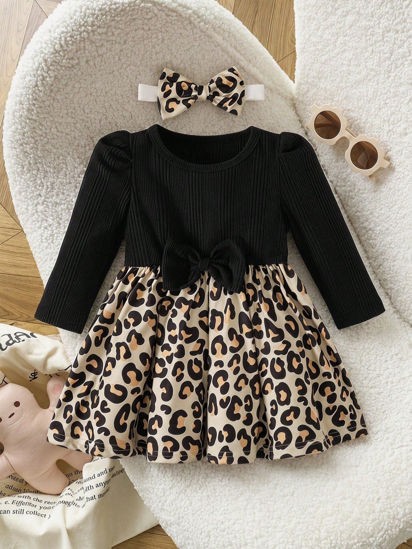 Vintaside Kids Baby Girl Casual Leopard Print Pattern Asymmetrical Fuzzy Long Sleeve Ribbed Dress, Autumn