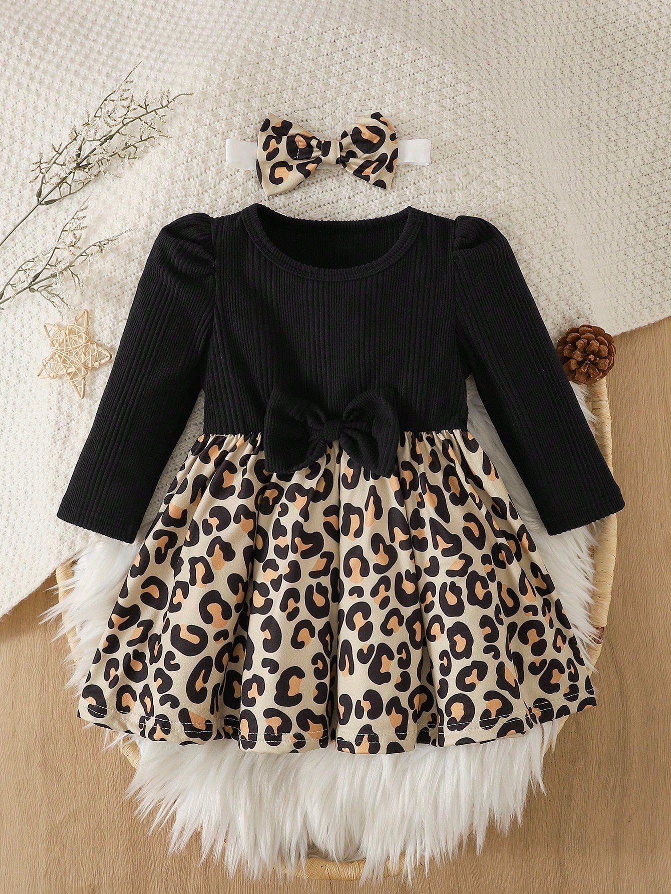 Vintaside Kids Baby Girl Casual Leopard Print Pattern Asymmetrical Fuzzy Long Sleeve Ribbed Dress, Autumn