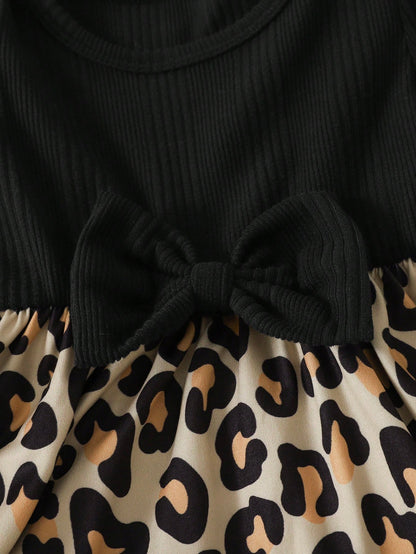 Vintaside Kids Baby Girl Casual Leopard Print Pattern Asymmetrical Fuzzy Long Sleeve Ribbed Dress, Autumn