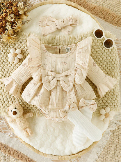 Vintaside Kids Baby Girl Ruffle Trim Bow Front Flounce Sleeve Bodysuit & Headband