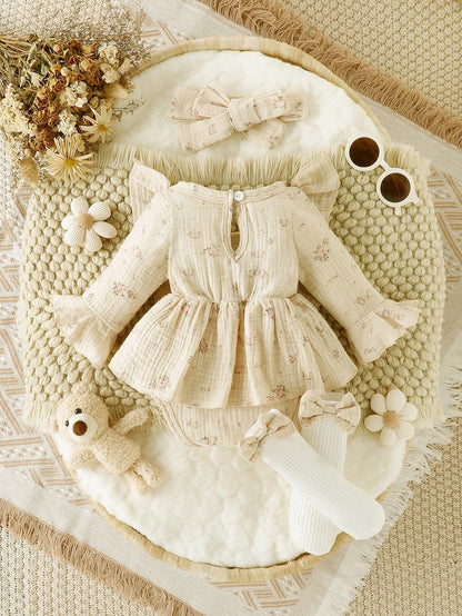Vintaside Kids Baby Girl Ruffle Trim Bow Front Flounce Sleeve Bodysuit & Headband
