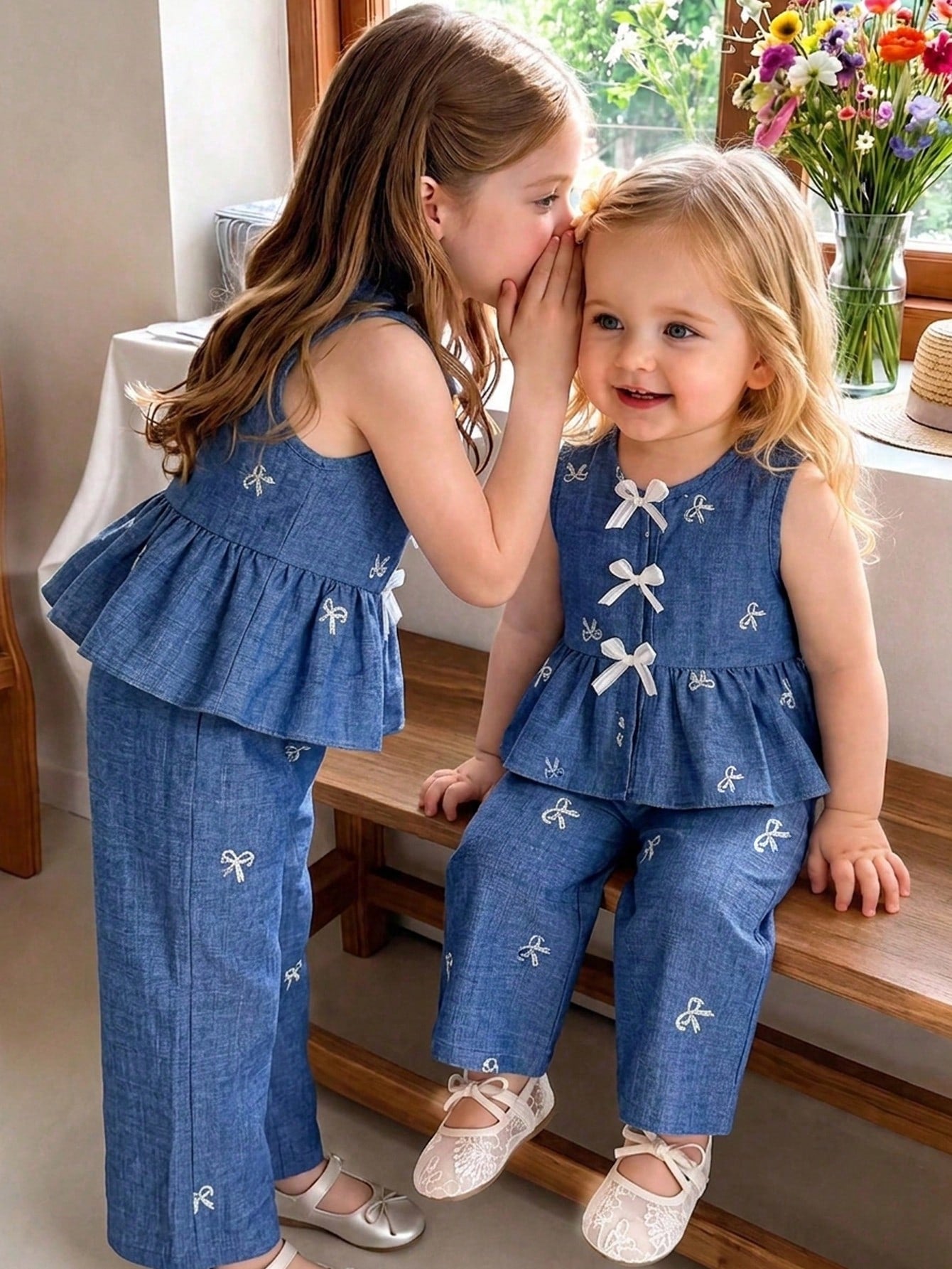 Vintaside Kids Baby Girls Summer Blue Sweet Cute Strawberry Print Striped Sleeveless Ruffle Top And Wide Leg Pants Set, Loose Comfortable Fit, Suitable For Daily Outings, Casual Trips, Family Ga