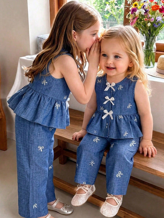Vintaside Kids Baby Girls Summer Blue Sweet Cute Strawberry Print Striped Sleeveless Ruffle Top And Wide Leg Pants Set, Loose Comfortable Fit, Suitable For Daily Outings, Casual Trips, Family Ga