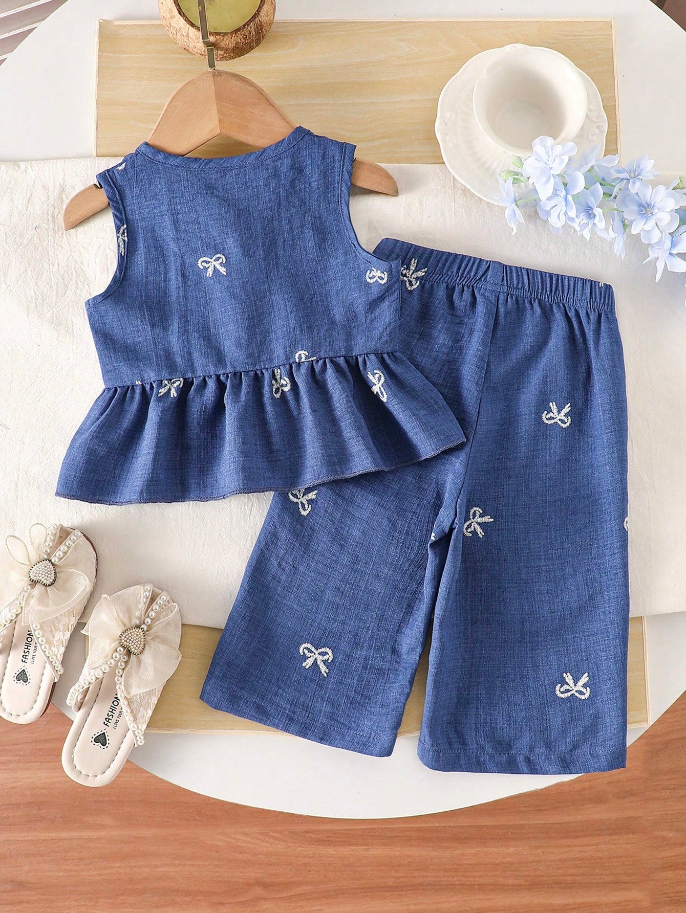 Vintaside Kids Baby Girls Summer Blue Sweet Cute Strawberry Print Striped Sleeveless Ruffle Top And Wide Leg Pants Set, Loose Comfortable Fit, Suitable For Daily Outings, Casual Trips, Family Ga