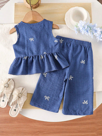 Vintaside Kids Baby Girls Summer Blue Sweet Cute Strawberry Print Striped Sleeveless Ruffle Top And Wide Leg Pants Set, Loose Comfortable Fit, Suitable For Daily Outings, Casual Trips, Family Ga