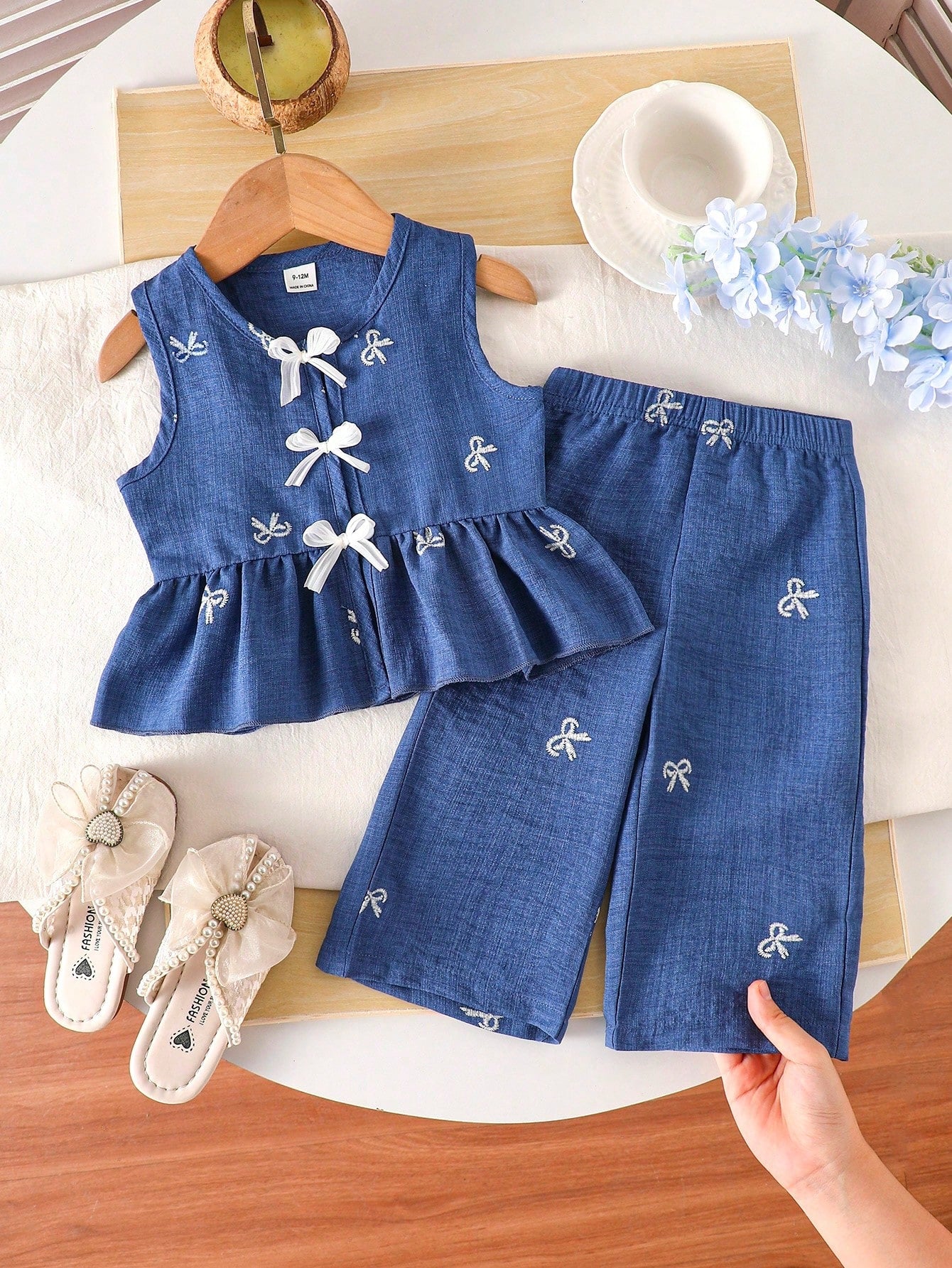 Vintaside Kids Baby Girls Summer Blue Sweet Cute Strawberry Print Striped Sleeveless Ruffle Top And Wide Leg Pants Set, Loose Comfortable Fit, Suitable For Daily Outings, Casual Trips, Family Ga