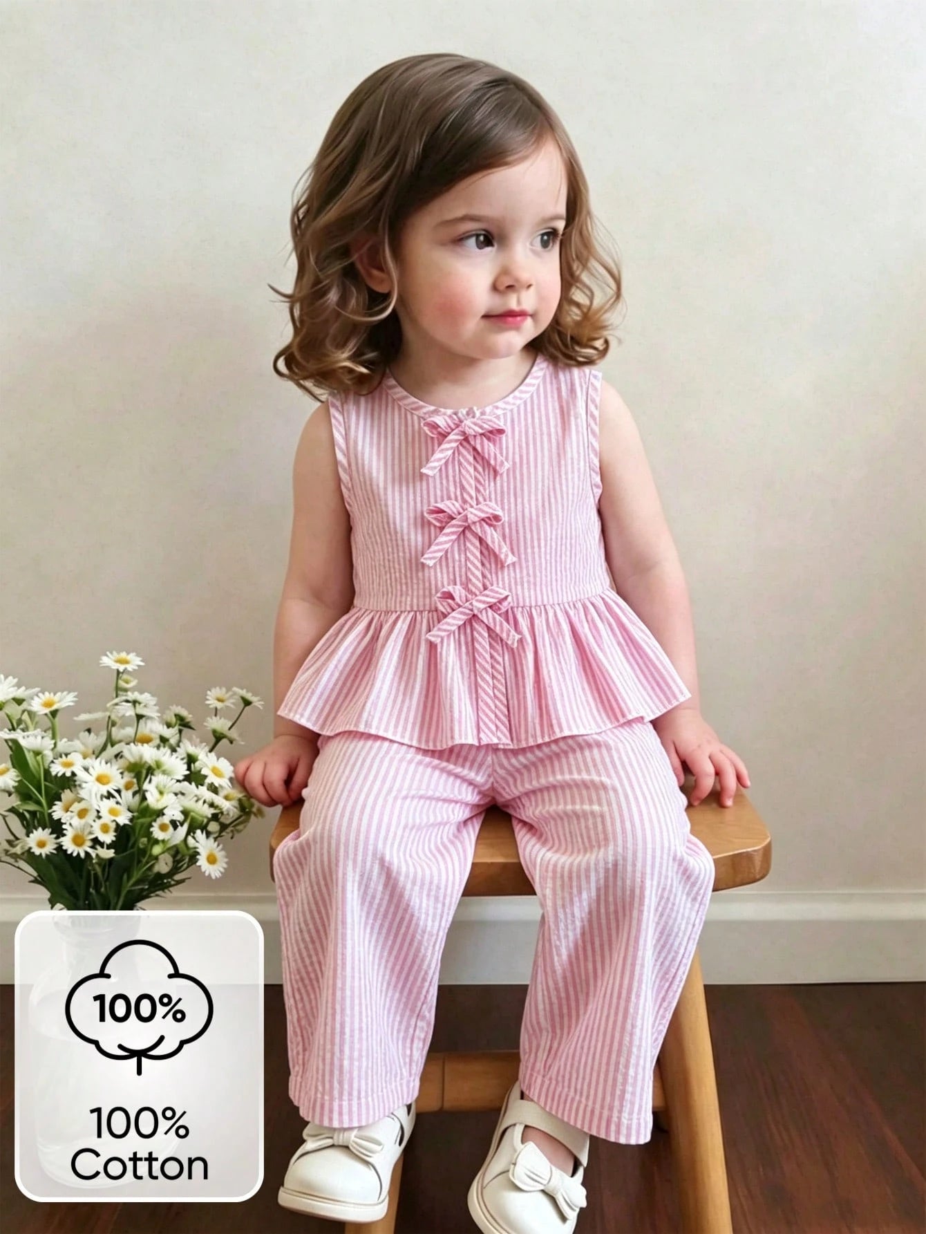 Vintaside Kids Baby Girls Summer Blue Sweet Cute Strawberry Print Striped Sleeveless Ruffle Top And Wide Leg Pants Set, Loose Comfortable Fit, Suitable For Daily Outings, Casual Trips, Family Ga