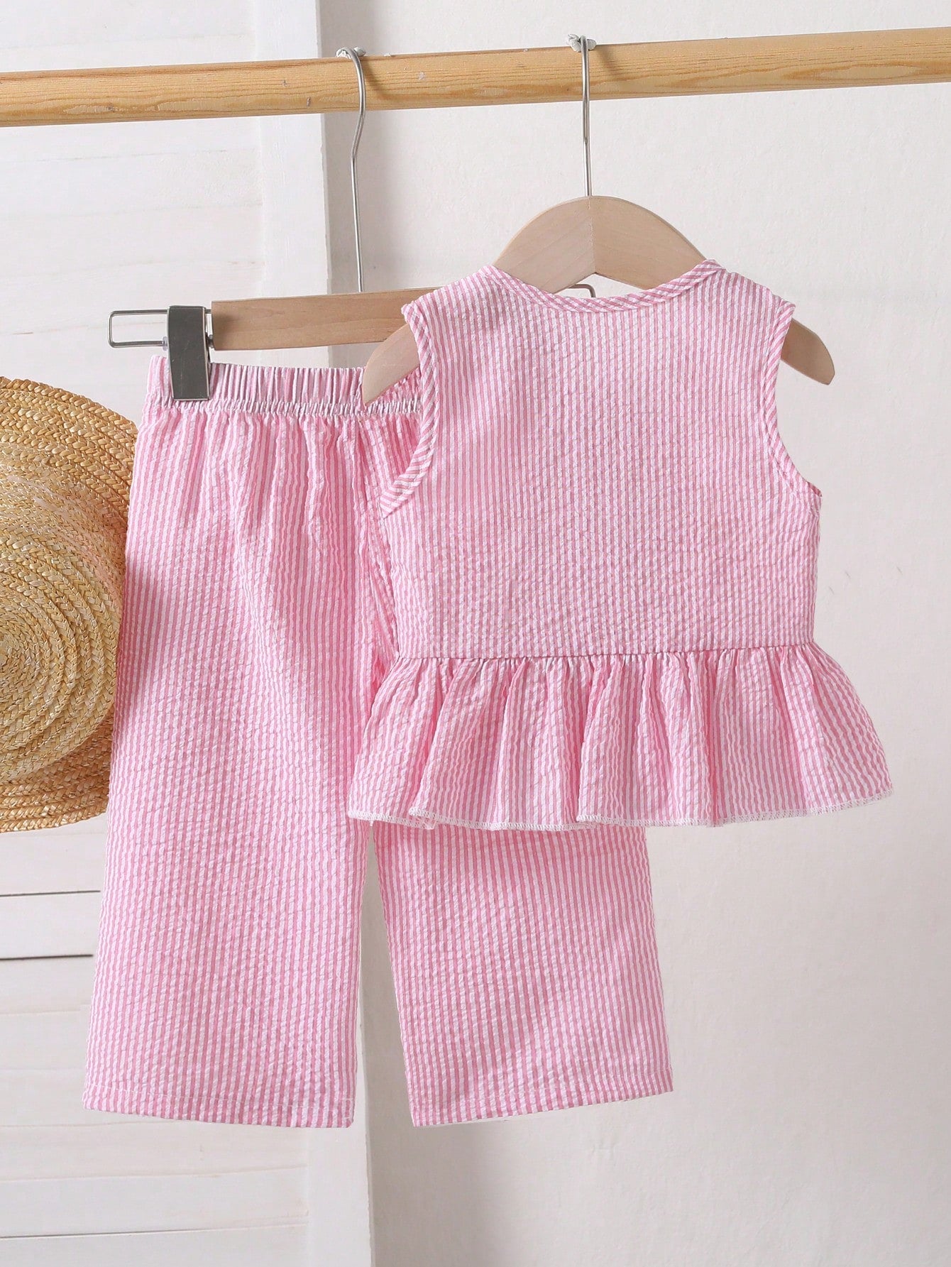 Vintaside Kids Baby Girls Summer Blue Sweet Cute Strawberry Print Striped Sleeveless Ruffle Top And Wide Leg Pants Set, Loose Comfortable Fit, Suitable For Daily Outings, Casual Trips, Family Ga