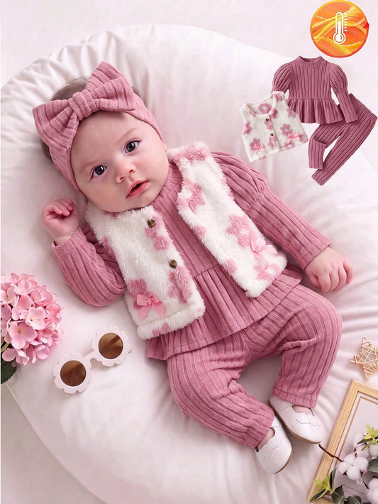 Vintaside Kids Infant Girls Minimalist Fashion Red Solid Color Dress, Vest Jacket And Long Pants Combination Dress Set