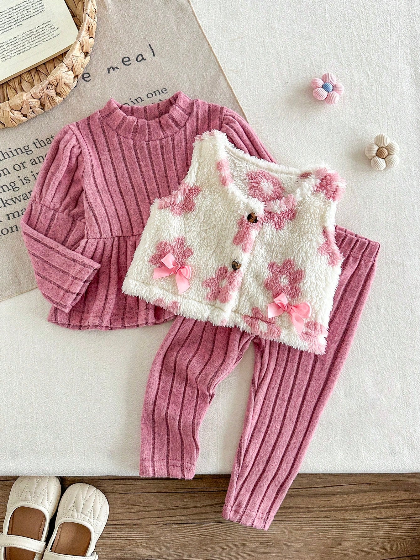 Vintaside Kids Infant Girls Minimalist Fashion Red Solid Color Dress, Vest Jacket And Long Pants Combination Dress Set