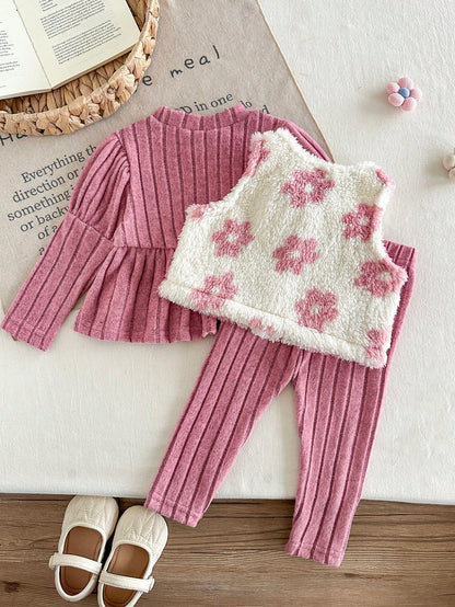 Vintaside Kids Infant Girls Minimalist Fashion Red Solid Color Dress, Vest Jacket And Long Pants Combination Dress Set