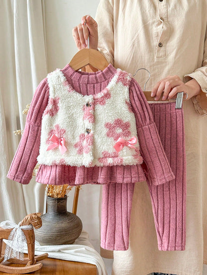 Vintaside Kids Infant Girls Minimalist Fashion Red Solid Color Dress, Vest Jacket And Long Pants Combination Dress Set