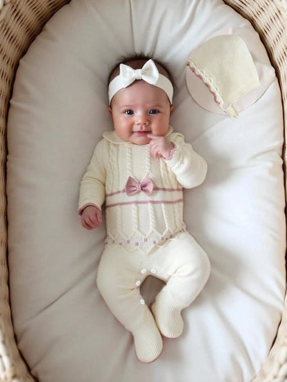 Vintaside Kids Newborn Baby Sweater Jumpsuit,Long Sleeve Knitted Jumpsuit With Collar+Knitted Hat,Light Pink,Autumn,Cute,Twist Rope&Cable Design,Baby Girl Outfits