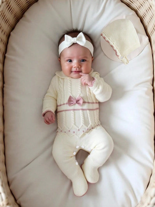 Vintaside Kids Newborn Baby Sweater Jumpsuit,Long Sleeve Knitted Jumpsuit With Collar+Knitted Hat,Light Pink,Autumn,Cute,Twist Rope&Cable Design,Baby Girl Outfits