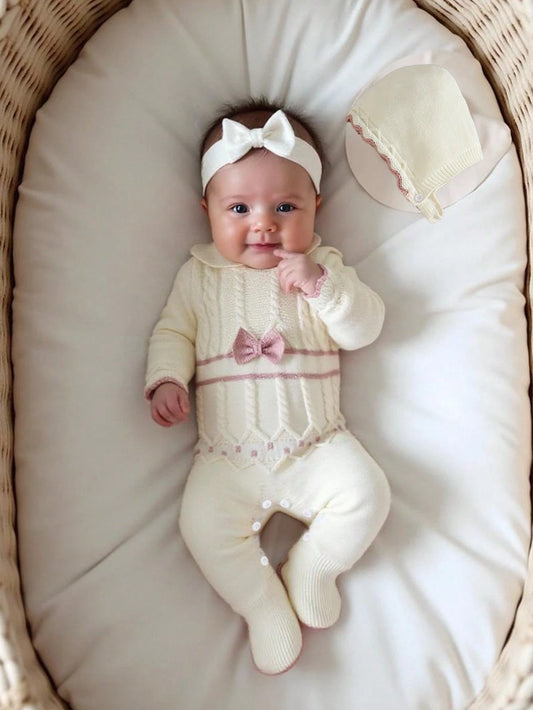 Vintaside Kids Newborn Baby Sweater Jumpsuit,Long Sleeve Knitted Jumpsuit With Collar+Knitted Hat,Light Pink,Autumn,Cute,Twist Rope&Cable Design,Baby Girl Outfits