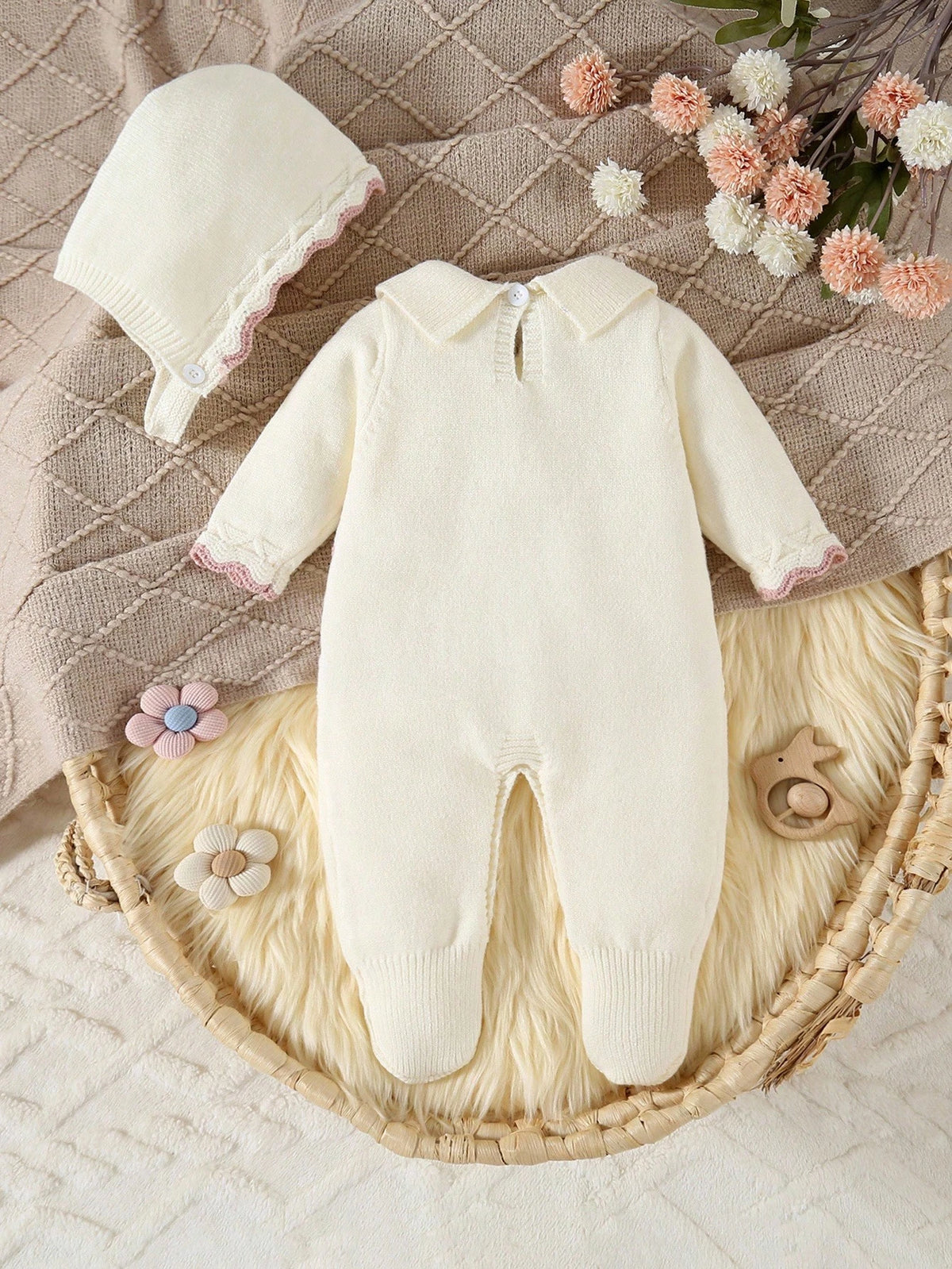 Vintaside Kids Newborn Baby Sweater Jumpsuit,Long Sleeve Knitted Jumpsuit With Collar+Knitted Hat,Light Pink,Autumn,Cute,Twist Rope&Cable Design,Baby Girl Outfits