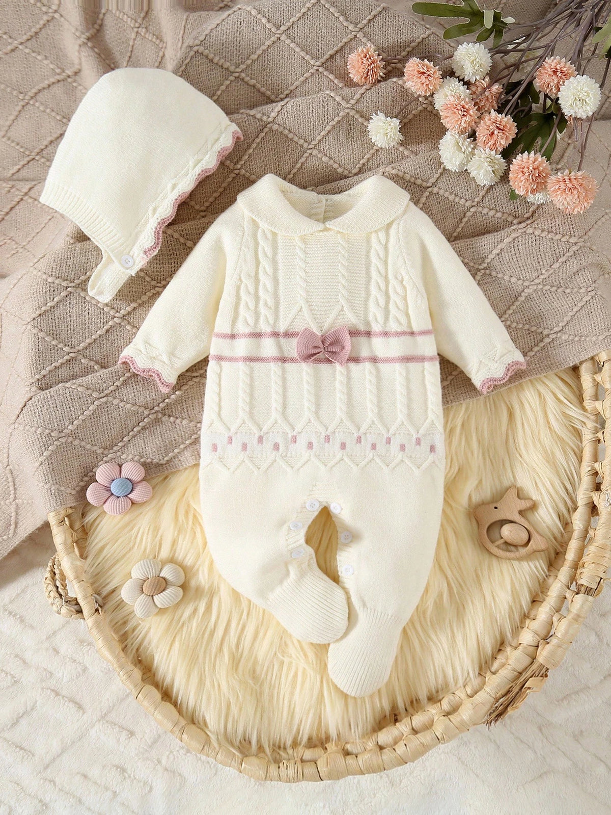 Vintaside Kids Newborn Baby Sweater Jumpsuit,Long Sleeve Knitted Jumpsuit With Collar+Knitted Hat,Light Pink,Autumn,Cute,Twist Rope&Cable Design,Baby Girl Outfits