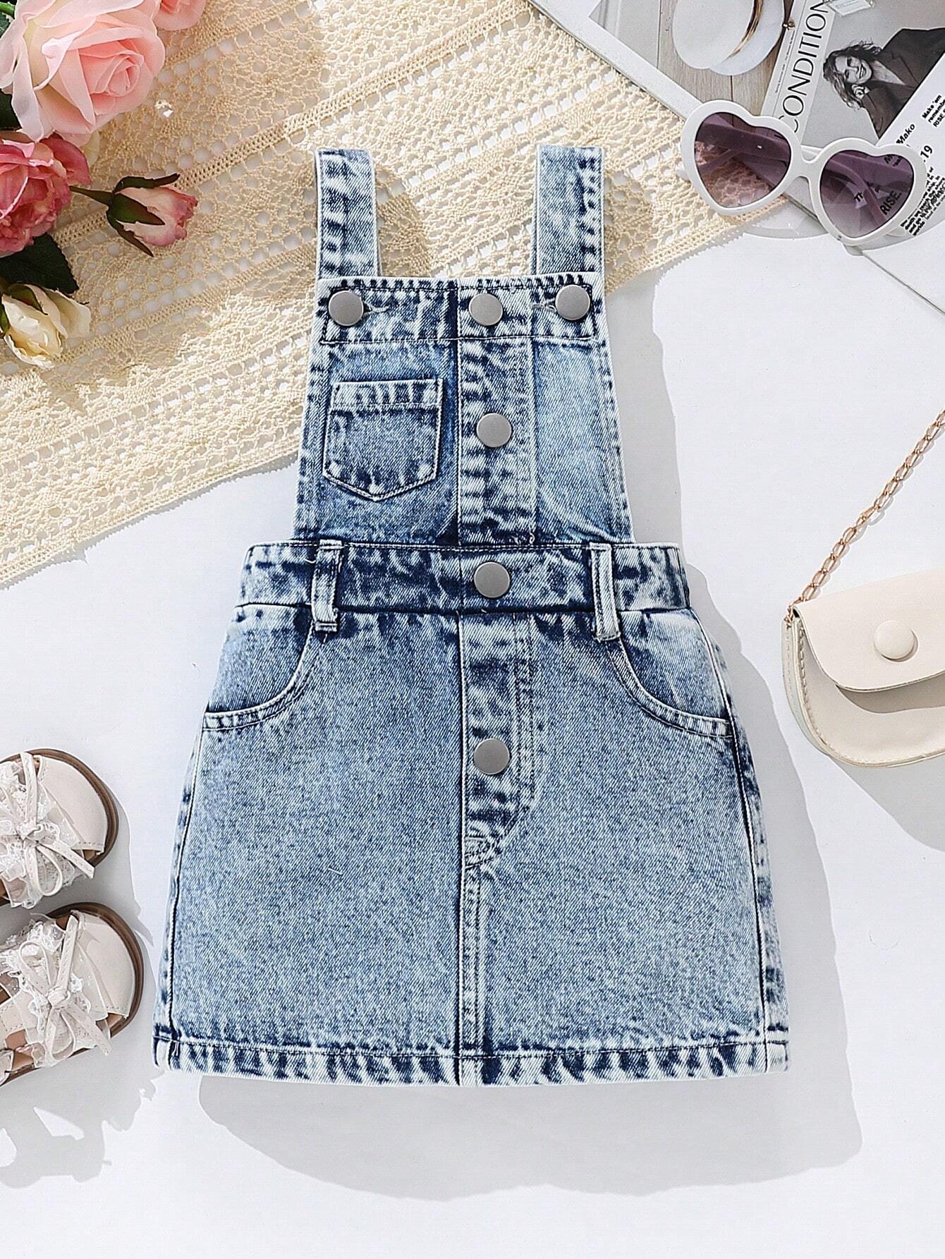Vintaside Kids Vintage Washed Criss Cross Strap Design Denim Bib Overall Dress/Pants For Baby Girls