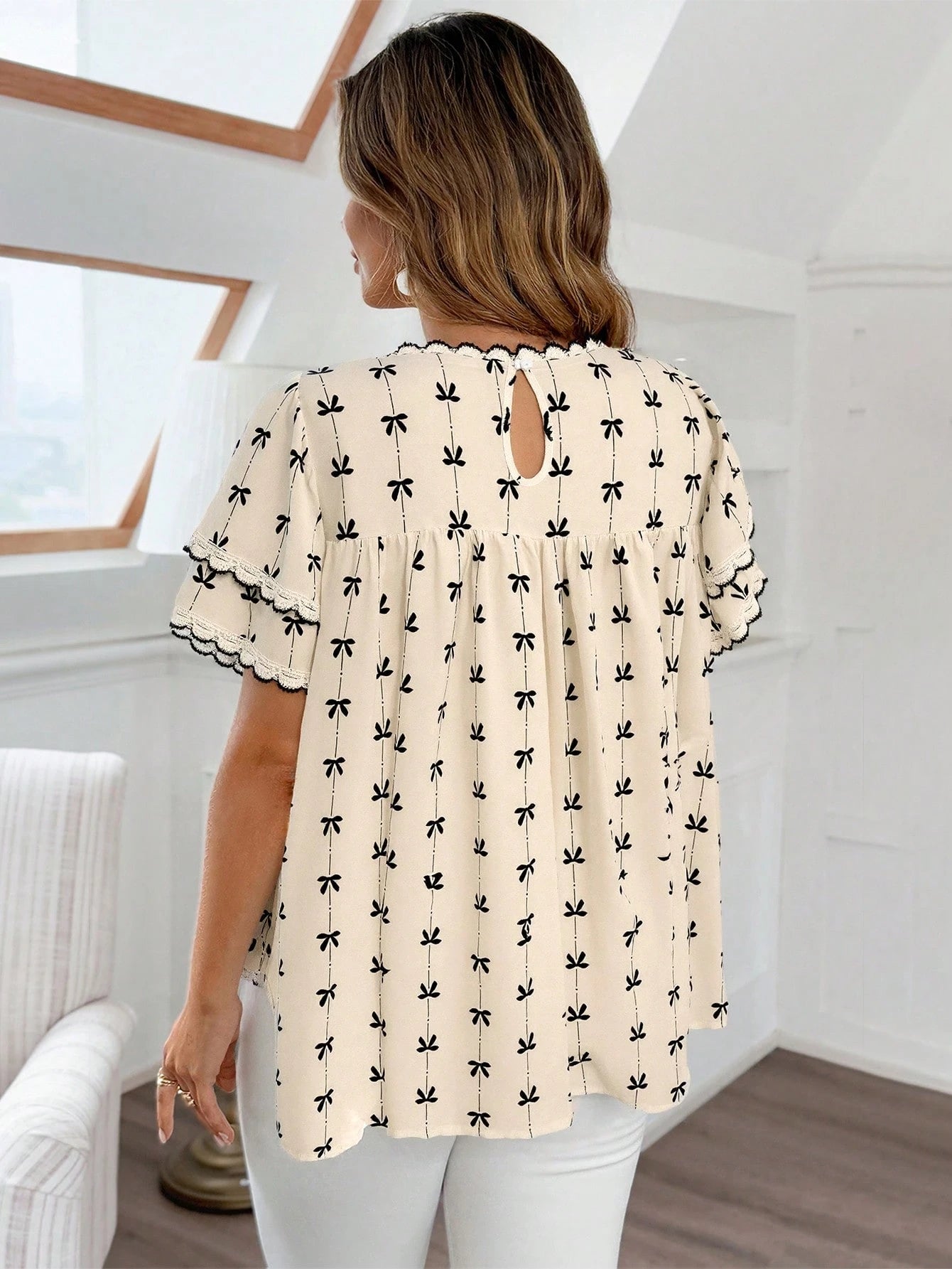 Vionelle Plus Size Elegant Cute Fairy Boho Style Double Layer Ruffle Trim Contrast Lace Panel Cap Sleeve Casual Blouse Wedding Guest Date Night Beige Summer