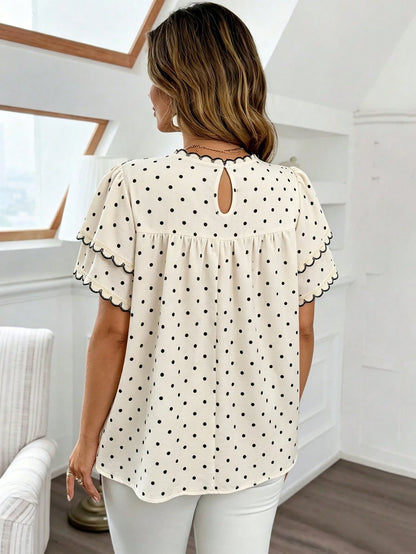 Vionelle Plus Size Elegant Cute Fairy Boho Style Double Layer Ruffle Trim Contrast Lace Panel Cap Sleeve Casual Blouse Wedding Guest Date Night Beige Summer