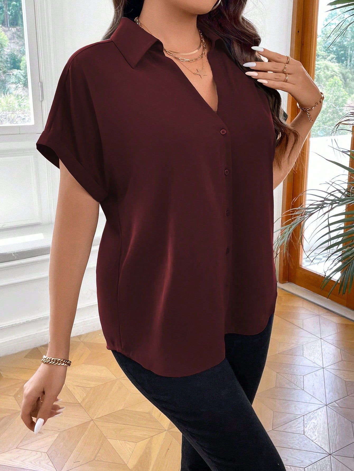 Vionelle Plus Size Women's Summer Solid Color Batwing Sleeved Casual Casual Shirt