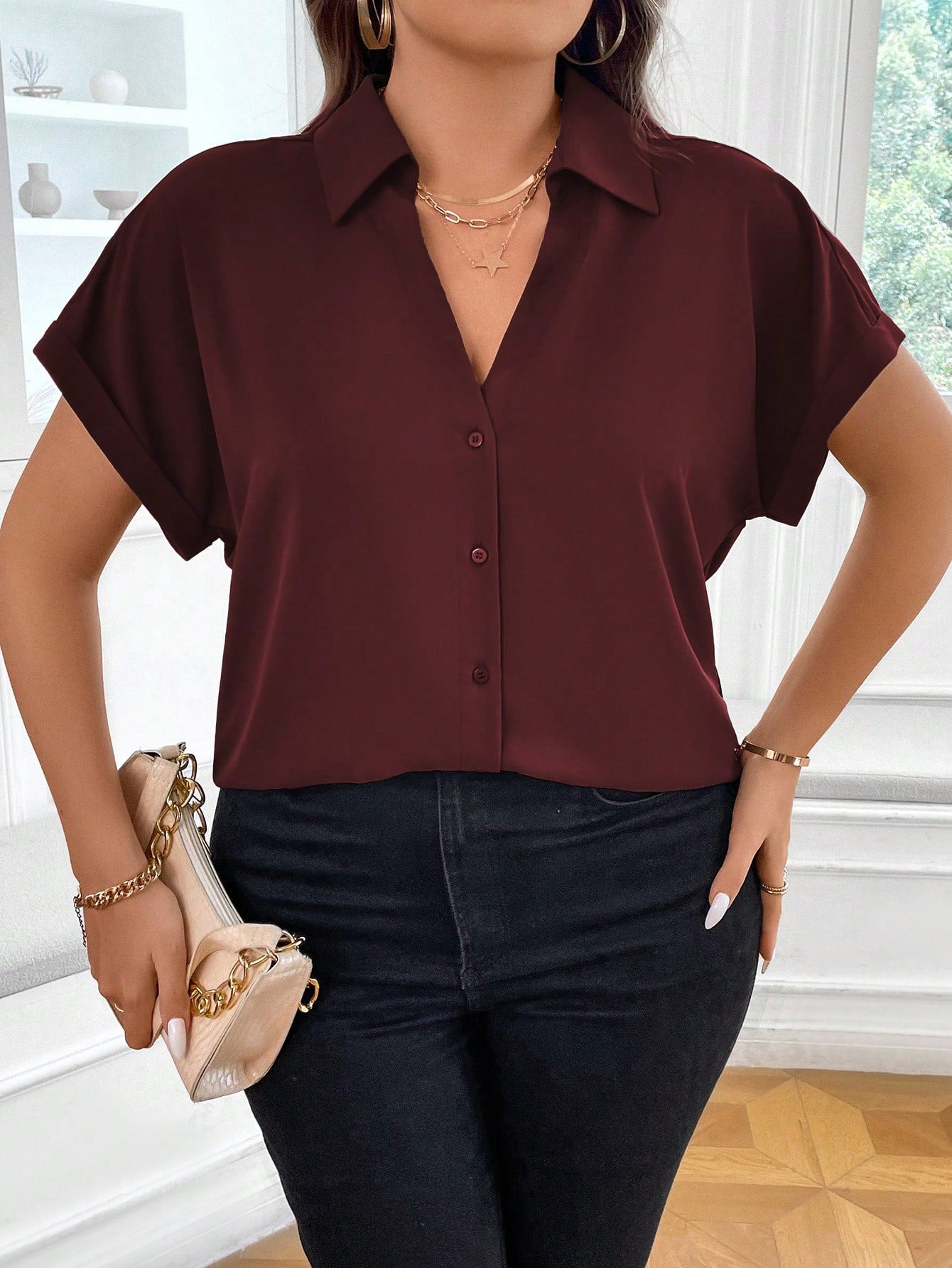 Vionelle Plus Size Women's Summer Solid Color Batwing Sleeved Casual Casual Shirt
