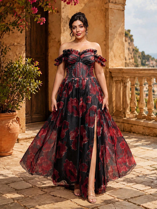 VIPGIRL New Black Plus Size 3D Floral Mesh Elegant Luxurious Formal Evening Gown