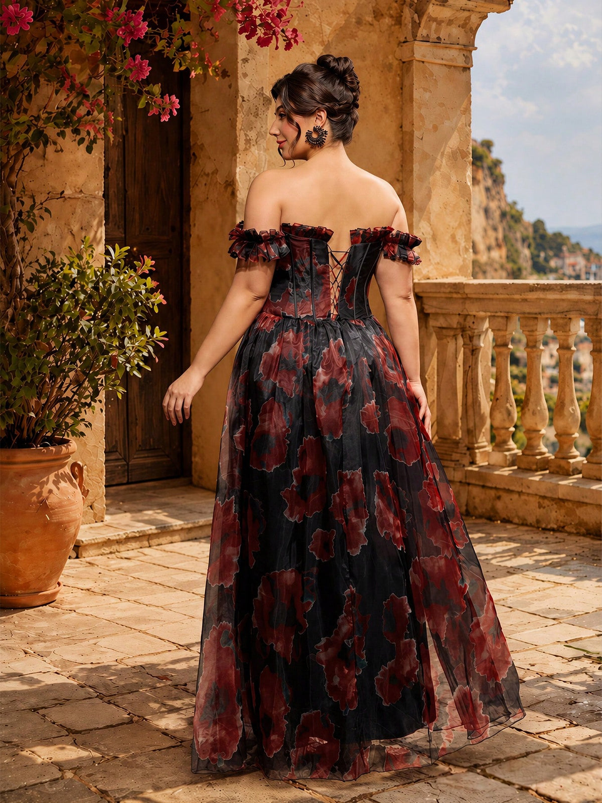 VIPGIRL New Black Plus Size 3D Floral Mesh Elegant Luxurious Formal Evening Gown