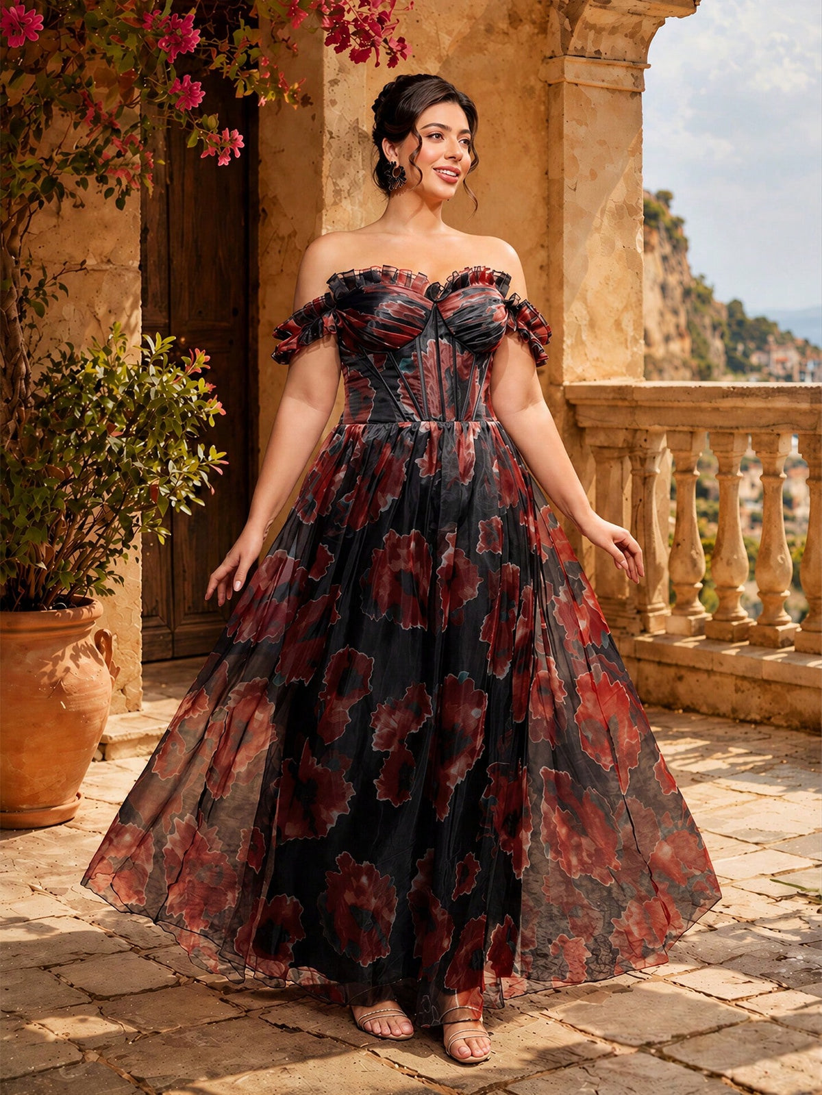VIPGIRL New Black Plus Size 3D Floral Mesh Elegant Luxurious Formal Evening Gown