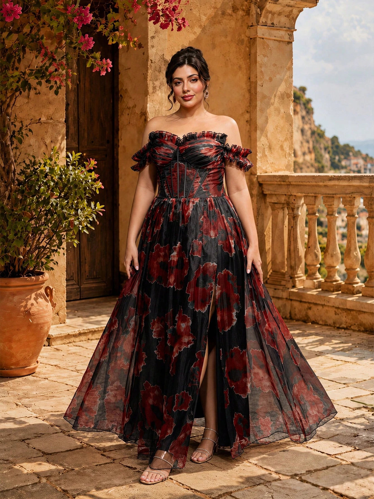 VIPGIRL New Black Plus Size 3D Floral Mesh Elegant Luxurious Formal Evening Gown