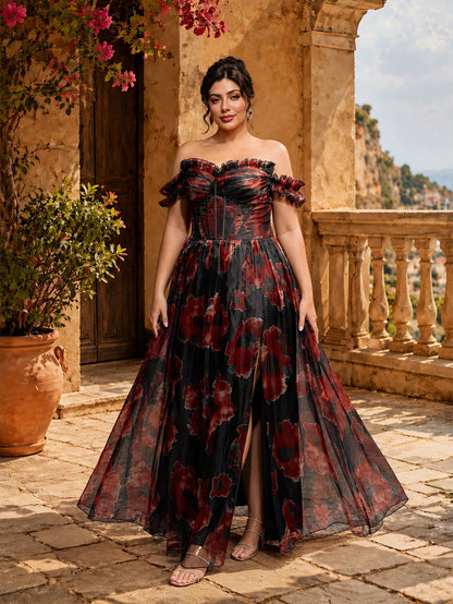 VIPGIRL New Black Plus Size 3D Floral Mesh Elegant Luxurious Formal Evening Gown